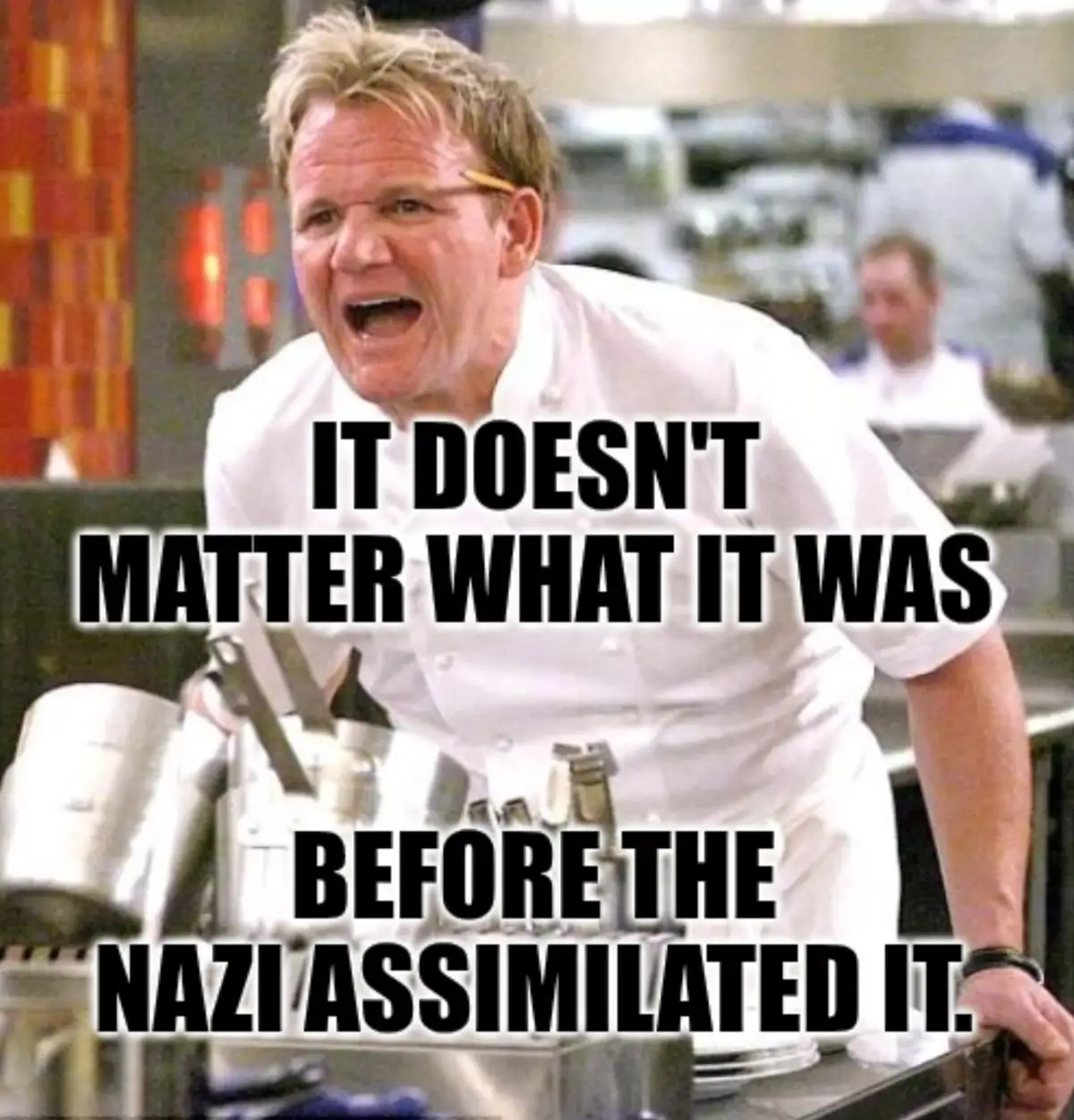 A man in a white chef's coat, identified as Gordon Ramsay, is captured mid-yell with an angry expression, standing in a…