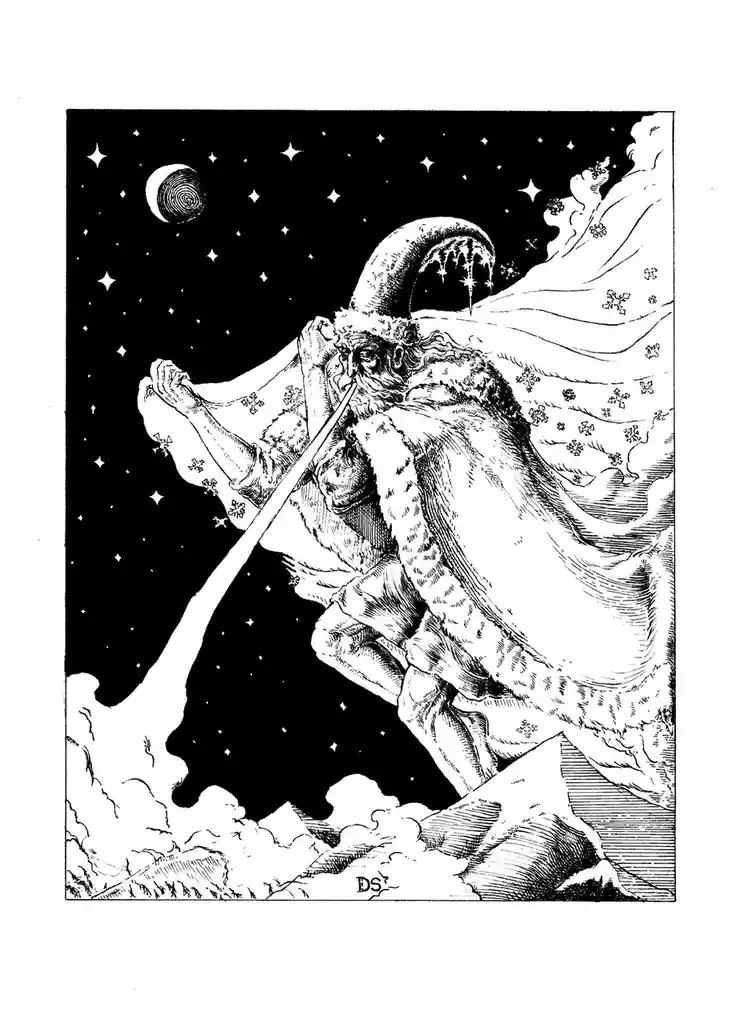 A black-and-white illustration depicts a stylized Santa Claus with a long beard and fur-trimmed coat, blowing a stream of…