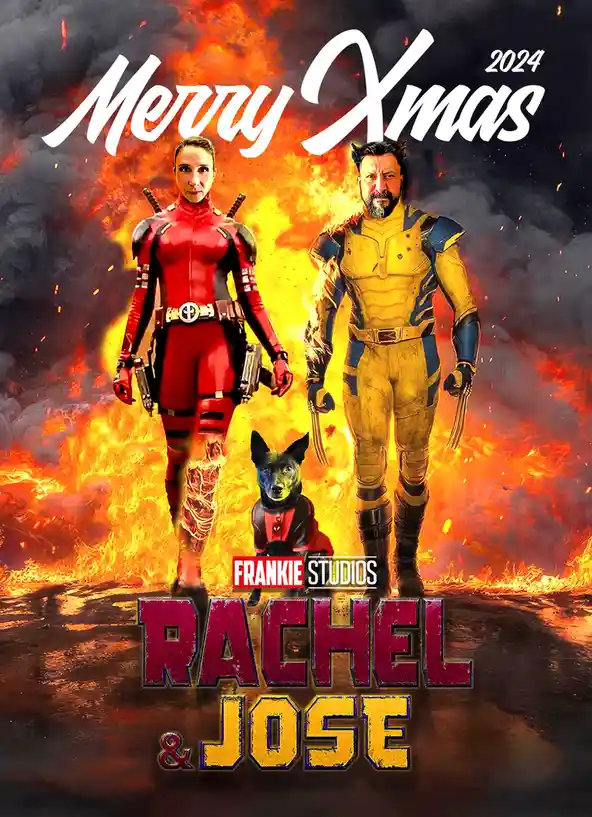 A fiery, action-movie-style Christmas card features two people in superhero costumes, one in red and one in yellow with…