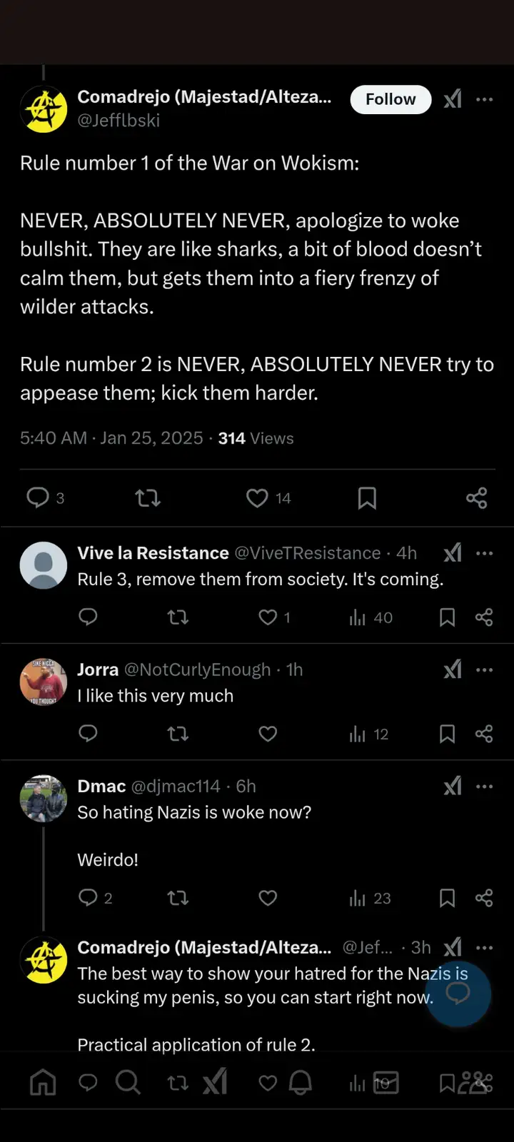 A screenshot of a social media thread where a user outlines 'rules' for dealing with 'woke bullshit,' comparing them to…