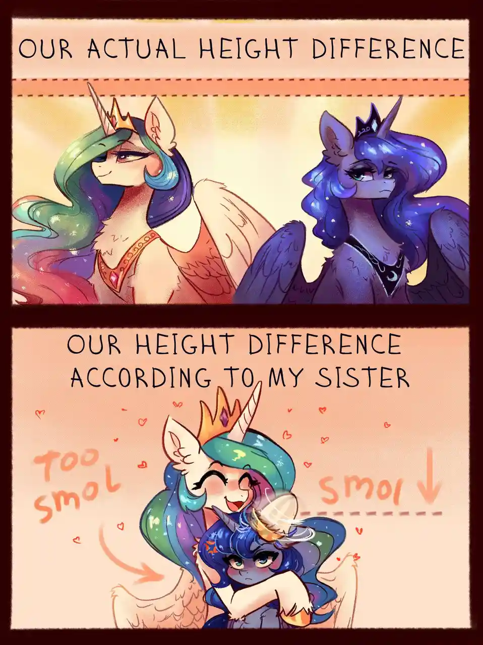 The image is a two-panel meme featuring two anthropomorphic pony characters. The top panel shows them standing side-by-side…
