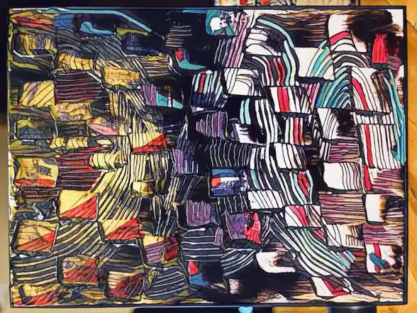 An abstract painting composed of layered, textured blocks of color with bold black outlines, resembling a chaotic mosaic or…