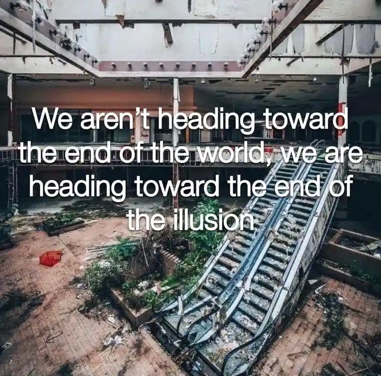 An abandoned, overgrown building interior with broken escalators and debris, overlaid with white text stating 'We aren't…