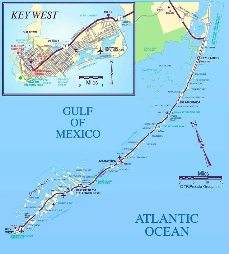 A map of the Florida Keys showing a road route from Key West to Key Largo marked as 100 miles and from Key West to Marathon…