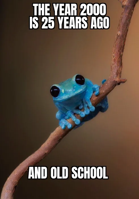 A small, bright blue tree frog with large, black eyes is clinging to a thin, brown tree branch. The image has white, bold…