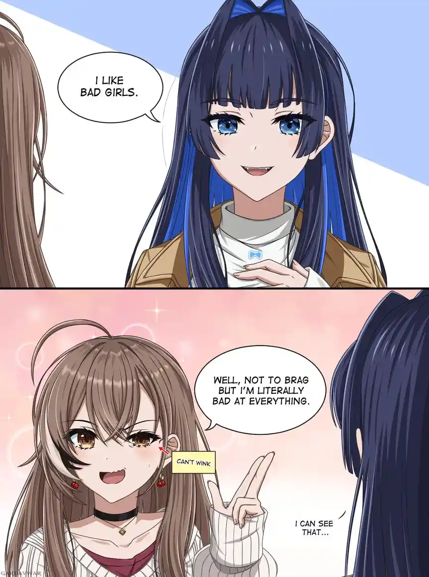 The image is a two-panel anime comic. In the top panel, a girl with blue hair and a bow says 'I LIKE BAD GIRLS.' In the…