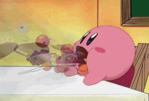 A pink, round cartoon character, Kirby, is shown in six panels eating various foods with exaggerated messiness. In each…