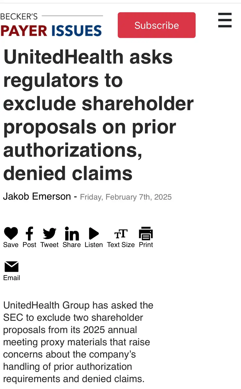 A screenshot of a Becker's Payer Issues article dated February 7th, 2025, with the headline 'UnitedHealth asks regulators to…