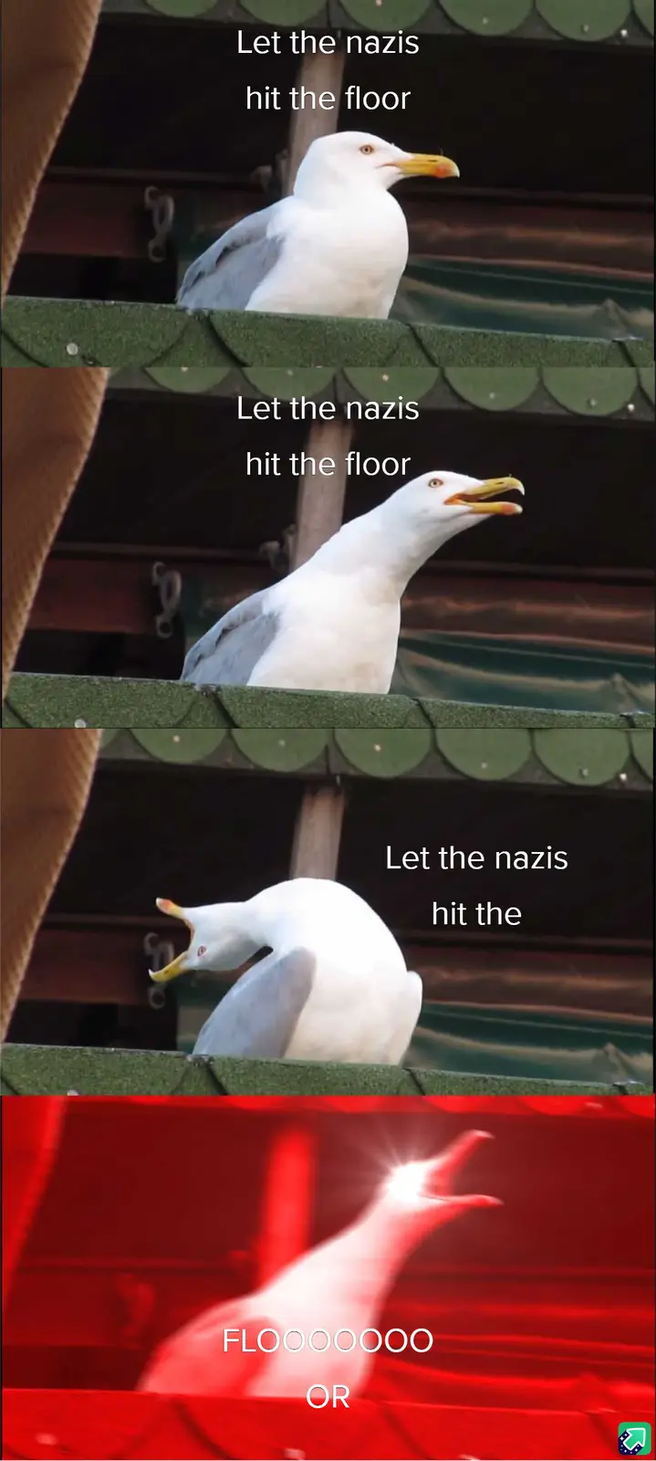 A three-panel meme featuring a seagull perched on a green railing. In the first panel, the seagull looks calmly forward. In…