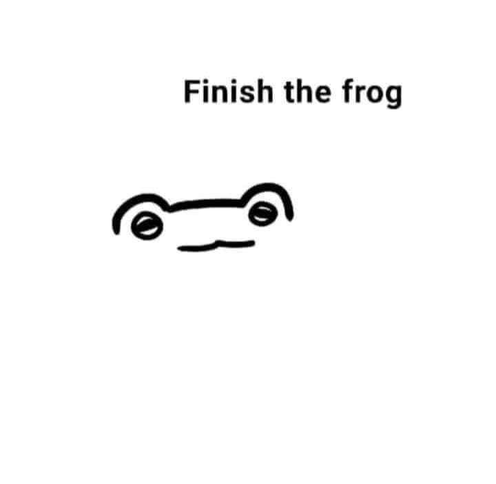 A minimalist black-and-white drawing shows only the head of a frog with two round eyes and a simple curved mouth, leaving…