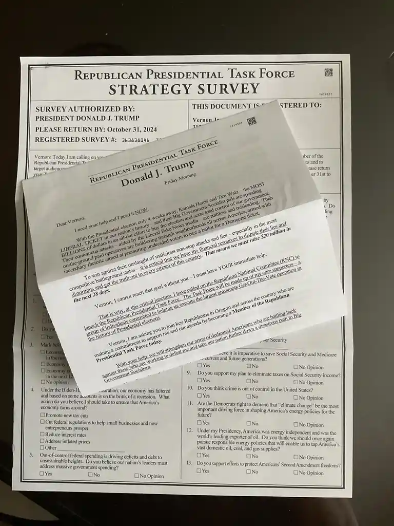 A mock 'Republican Presidential Task Force Strategy Survey' is shown, with a handwritten note from 'Donald J. Trump' on top…