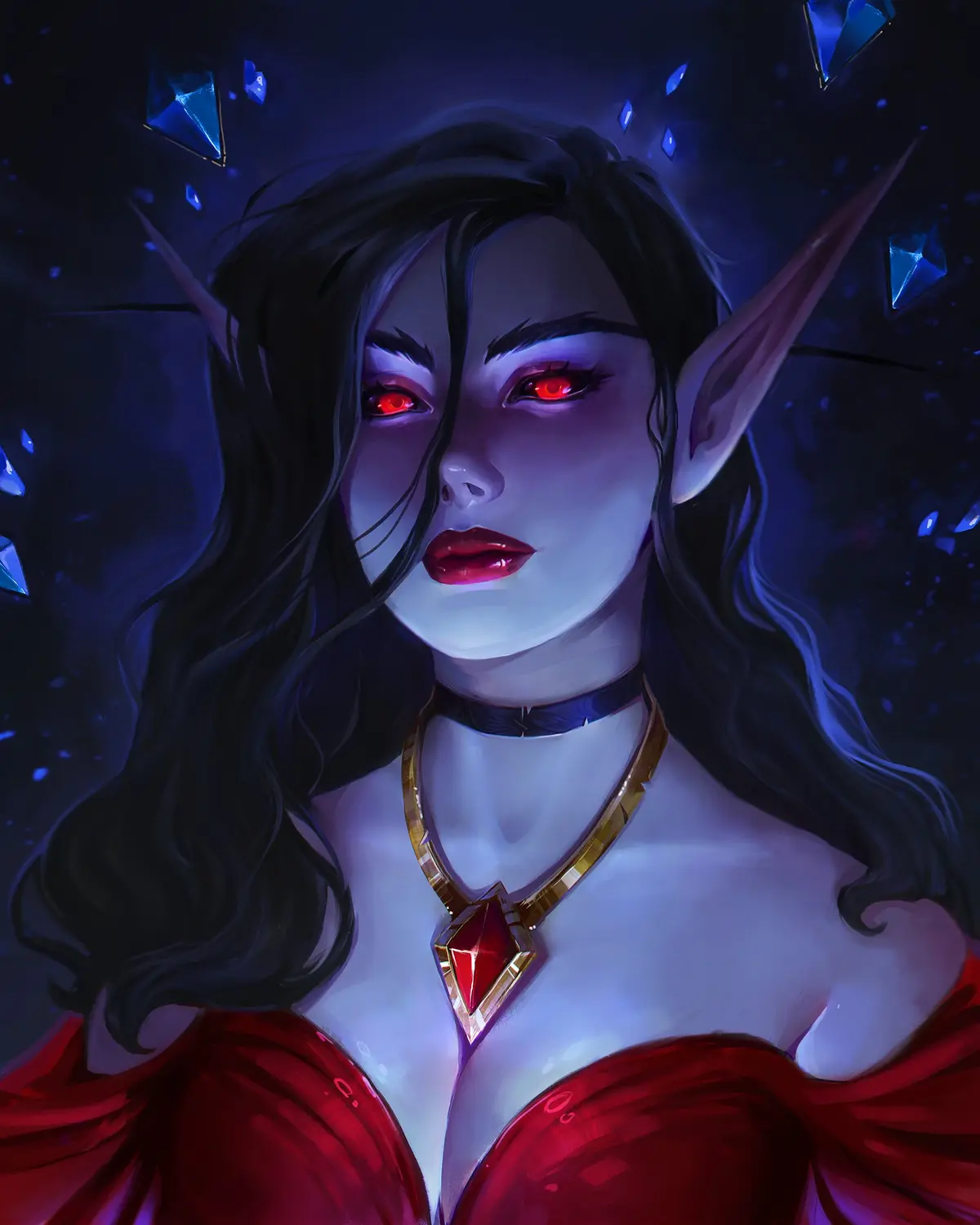 A digital illustration of a dark-skinned elf woman with long black hair, pointed ears, and glowing red eyes, wearing a red…