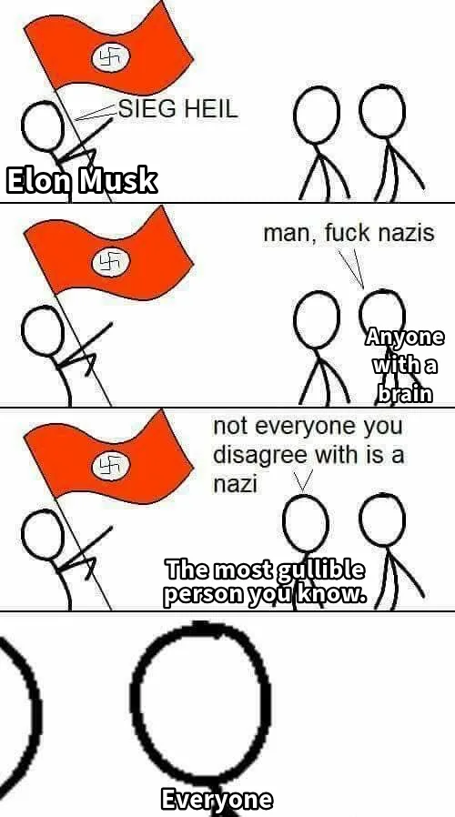 A four-panel comic strip with stick figures. In the first panel, a stick figure labeled 'Elon Musk' performs a 'SIEG HEIL'…