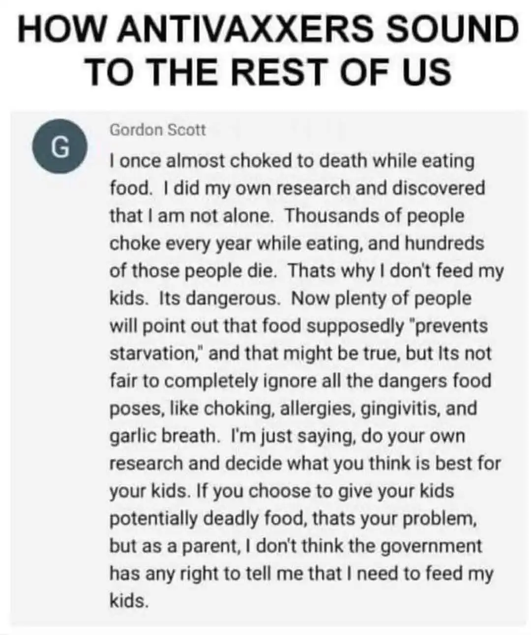 An image displays a screenshot of a Reddit comment by user Gordon Scott, which reads: 'I once almost choked to death while…