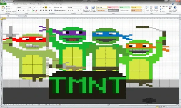 The image displays six side-by-side screenshots of a Microsoft Excel spreadsheet, each showing a pixel art depiction of the…