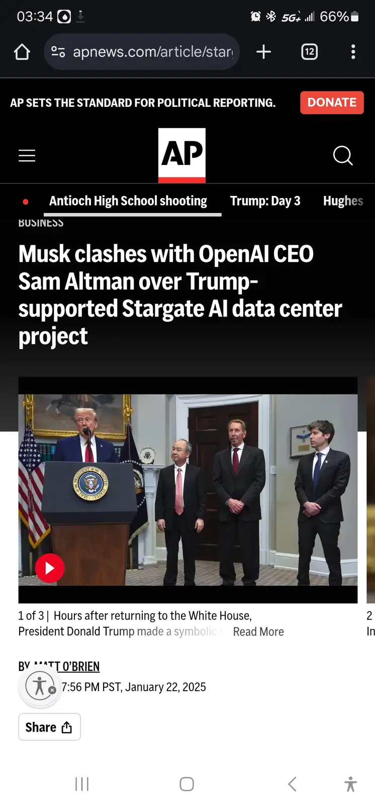 A screenshot of an AP News article headline about a fictional clash between Elon Musk and Sam Altman over a 'Stargate AI…