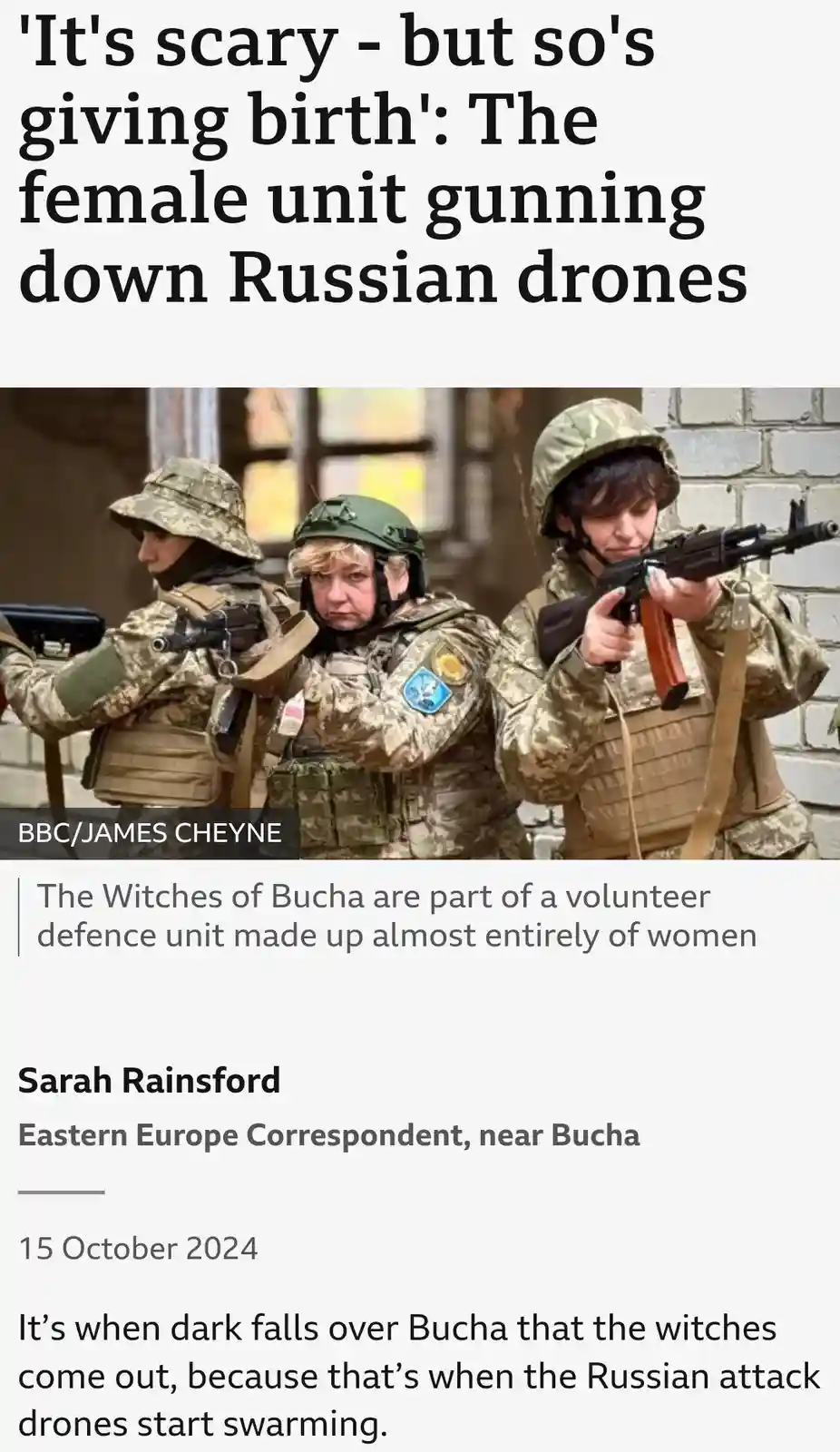 A screenshot of a BBC news article featuring three women in military camouflage uniforms and helmets, holding rifles and…