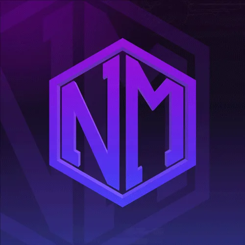 The image displays a hexagonal logo with the letters 'N' and 'M' inside, shown in six different animated frames with glowing…