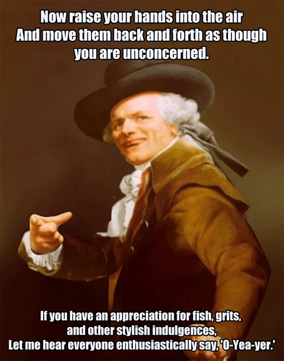 The image shows three identical panels of a man in 18th-century attire, smiling and pointing at the viewer. Overlaid text…