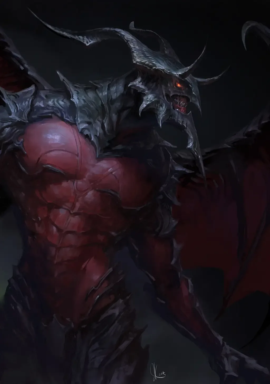 A dark fantasy illustration depicts a muscular, red-skinned demon with large, jagged horns, glowing red eyes, and bat-like…