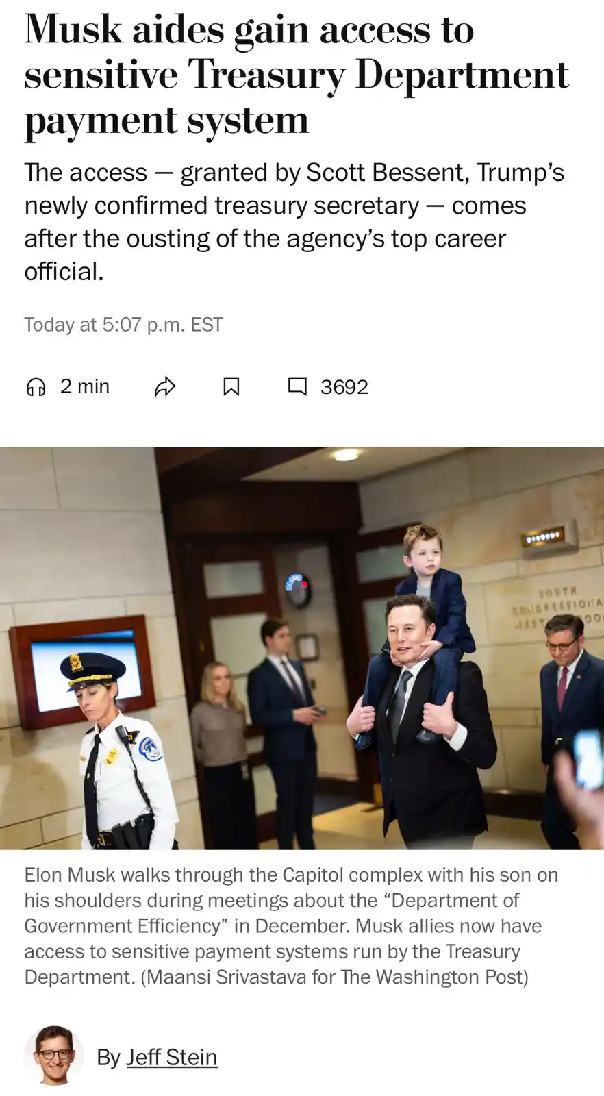 A screenshot of a Washington Post article shows Elon Musk carrying his son on his shoulders as they walk through a…