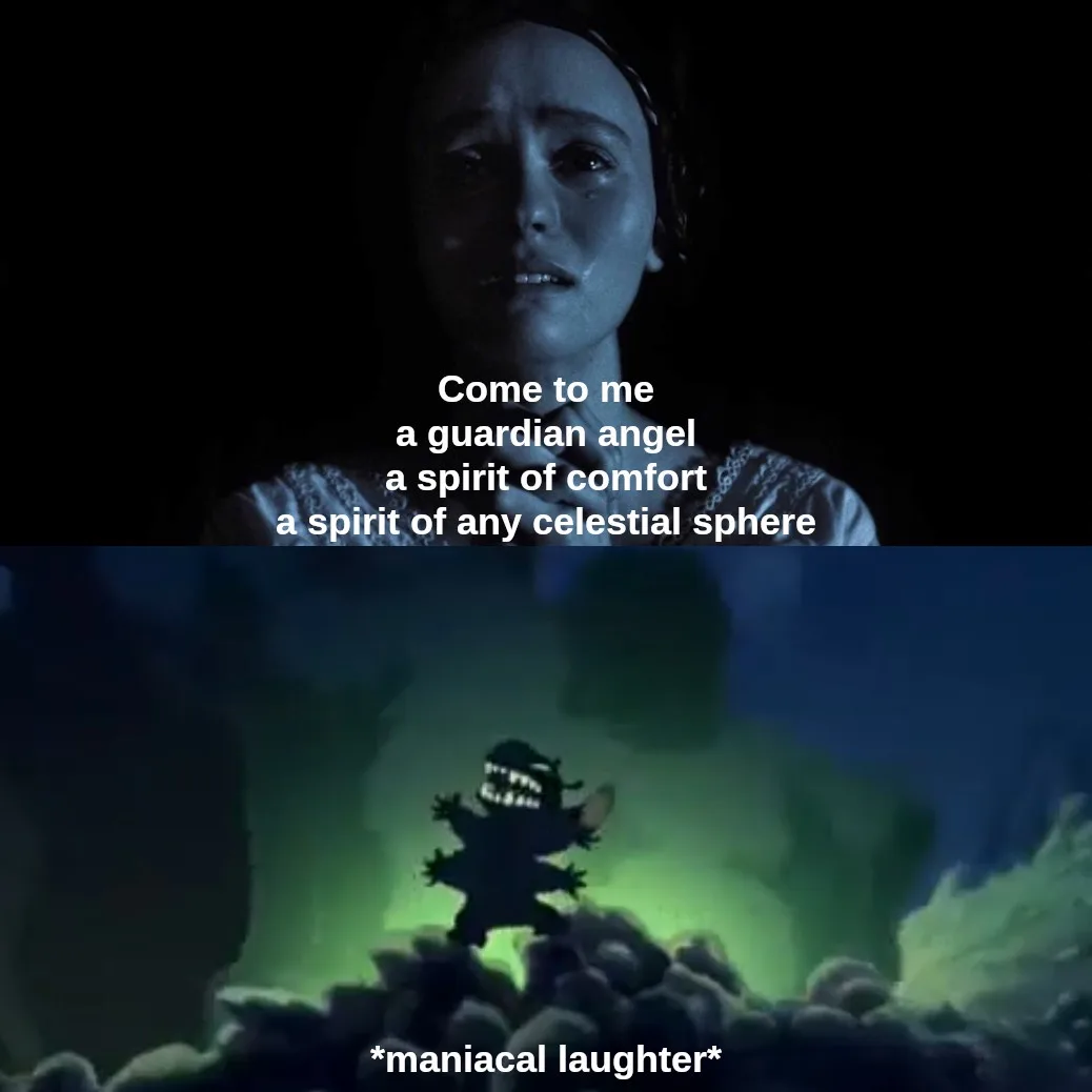 The top panel shows a crying woman in a dark, blue-lit scene, overlaid with text asking for a guardian angel and spirit of…