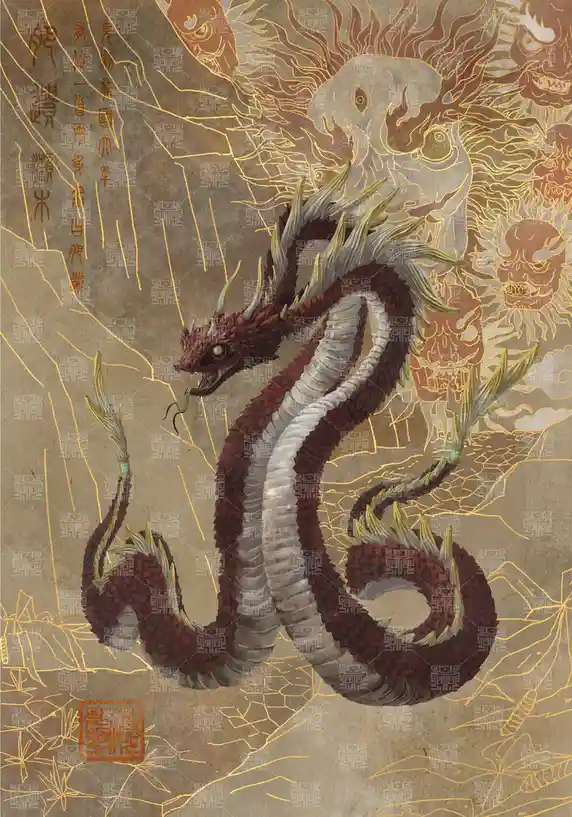 An ornate, traditional East Asian-style painting depicts a large, coiled red and white dragon with spiky fins and a menacing…
