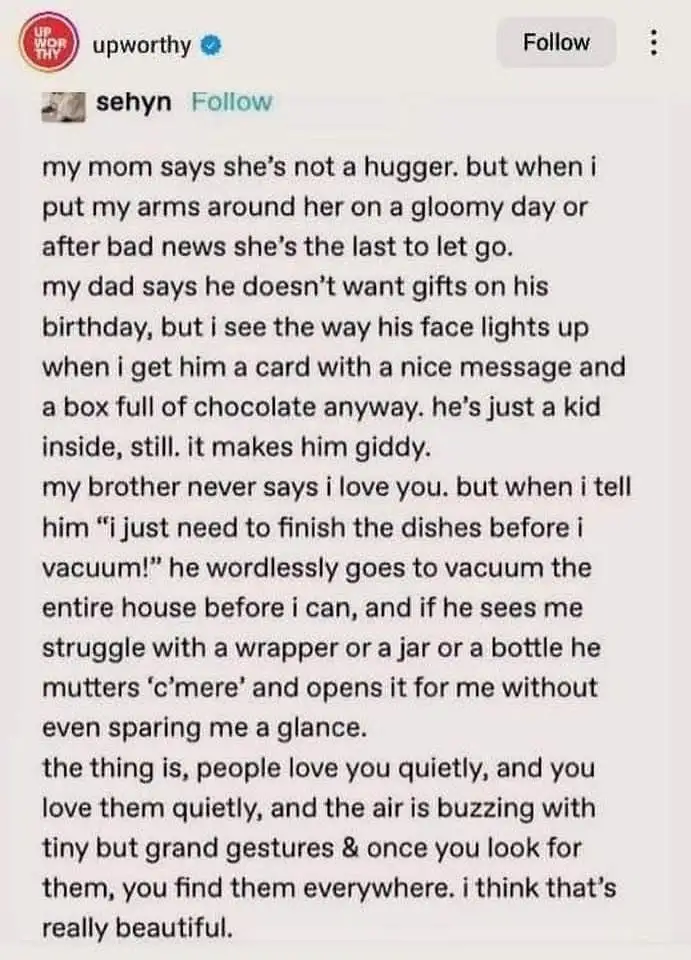 A screenshot of an Instagram post by 'sehyn' under the 'upworthy' account, featuring a heartfelt text about how family…