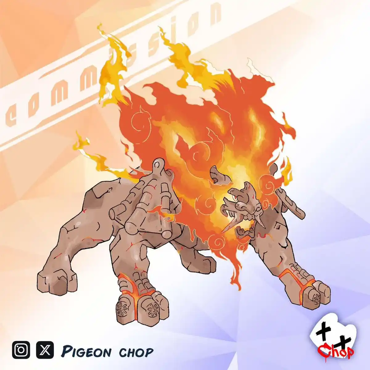 An illustrated commission of a fiery, stone-like creature resembling a lion or mythical beast, engulfed in orange and yellow…