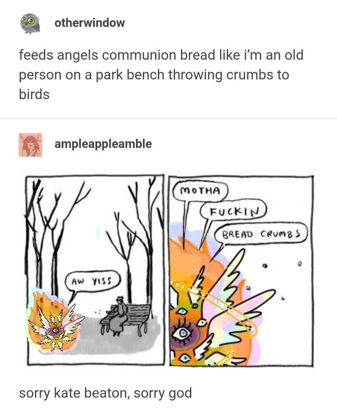 A two-panel comic shows a stylized angel with wings and eyes reacting to an old person on a park bench. In the first panel…