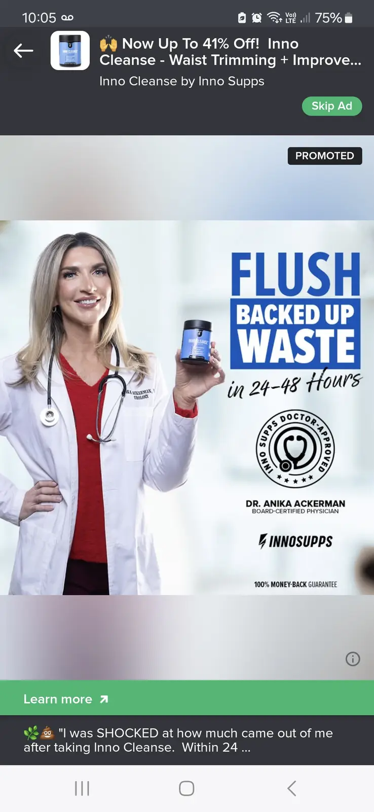 A screenshot of a mobile ad for 'Inno Cleanse' by Inno Supps, featuring a smiling woman in a white doctor's coat holding a…