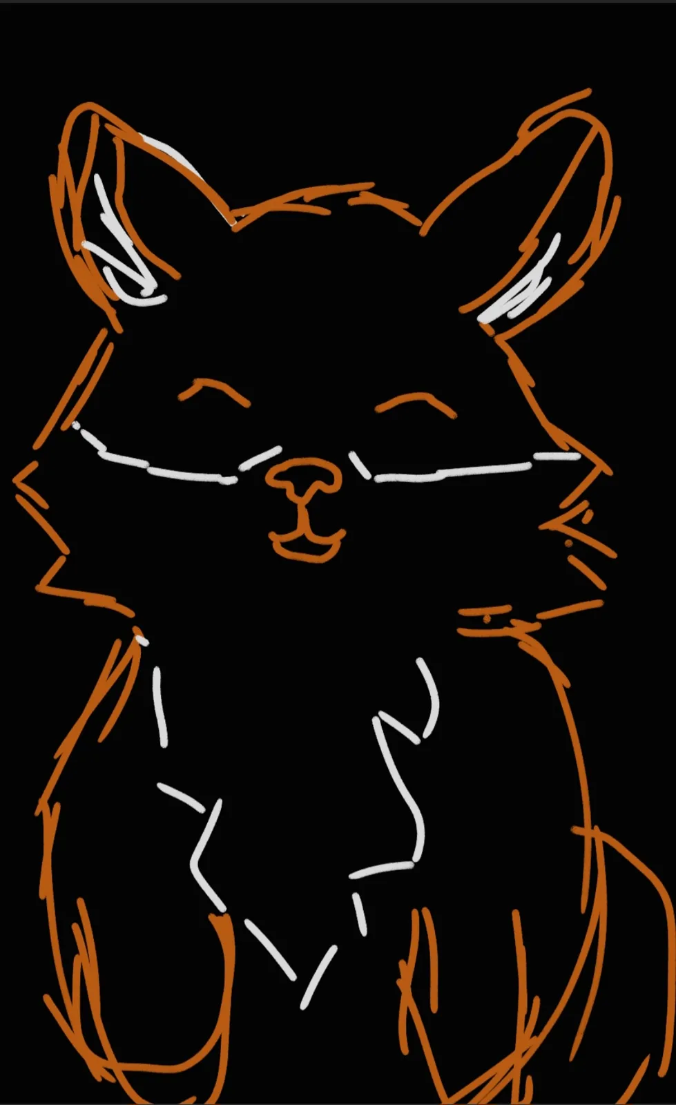 A simple, hand-drawn cartoon of a black cat with orange outlines and white highlights, depicted with closed eyes and a…
