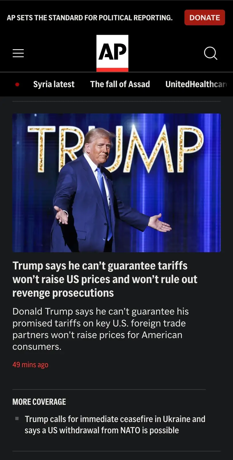 A screenshot of an Associated Press news article shows Donald Trump on stage with a large 'TRUMP' sign behind him, arms…