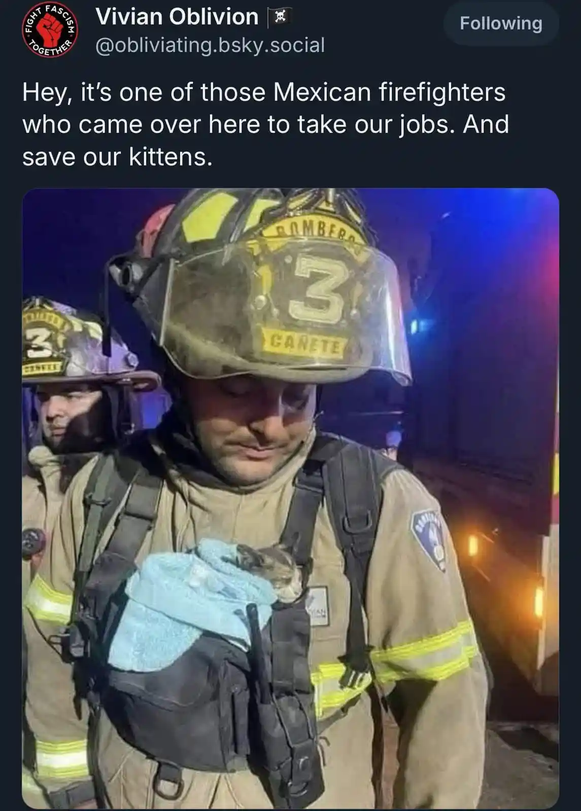 A firefighter in full gear, helmet marked 'BOMBEROS 3 CANETE', gently holds a small kitten wrapped in a blue towel. Another…