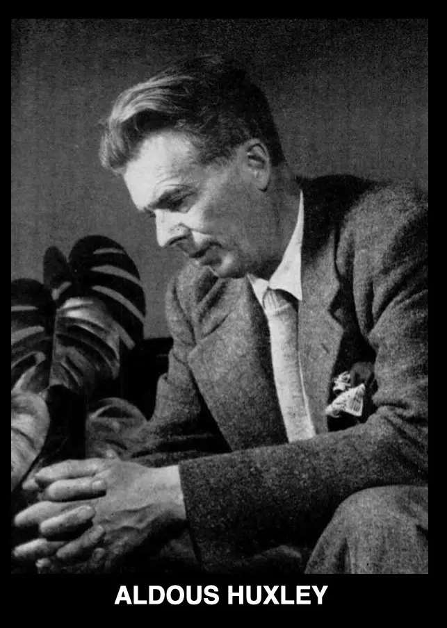 A black-and-white photograph shows Aldous Huxley seated, looking down with a thoughtful expression, wearing a suit and tie…