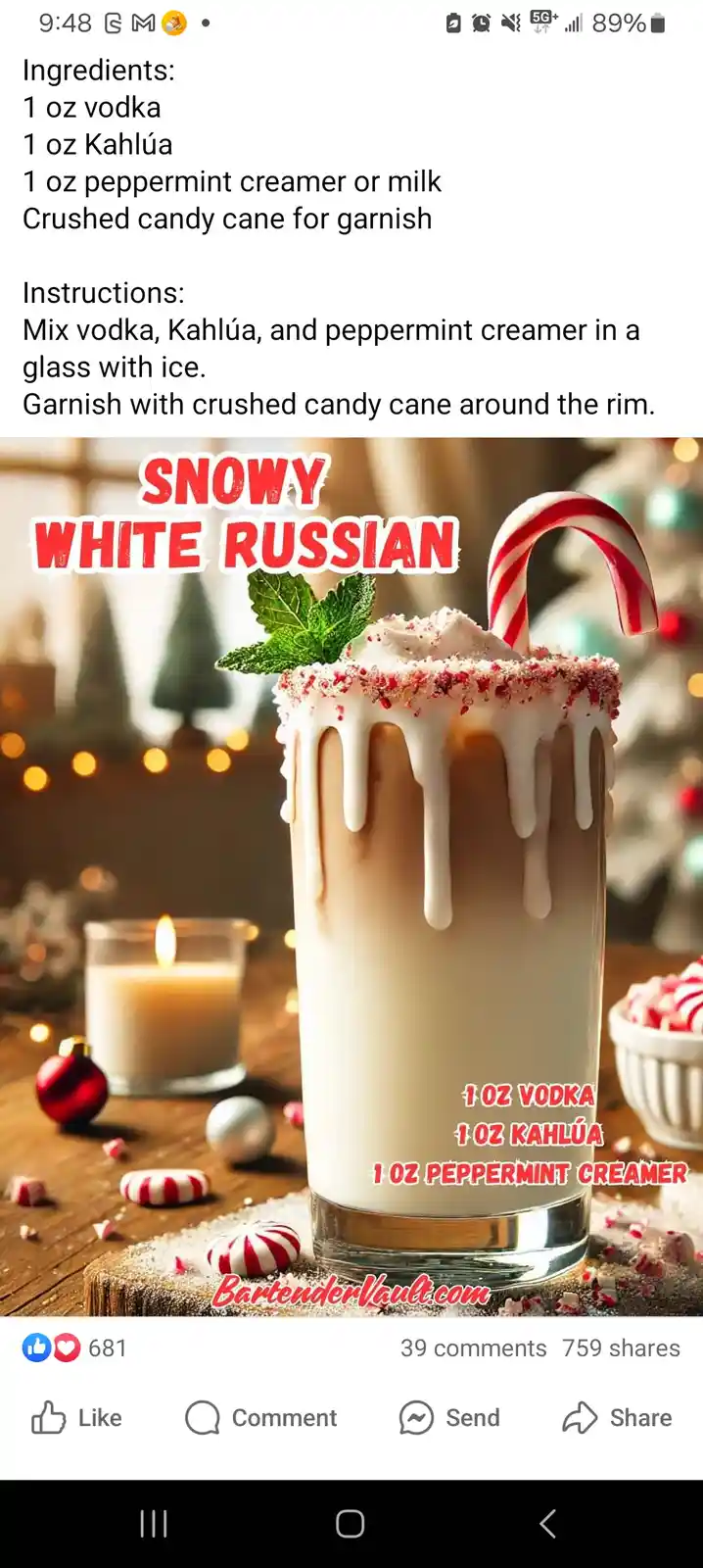 A festive cocktail recipe titled 'SNOWY WHITE RUSSIAN' is displayed, featuring a creamy drink in a glass rimmed with crushed…