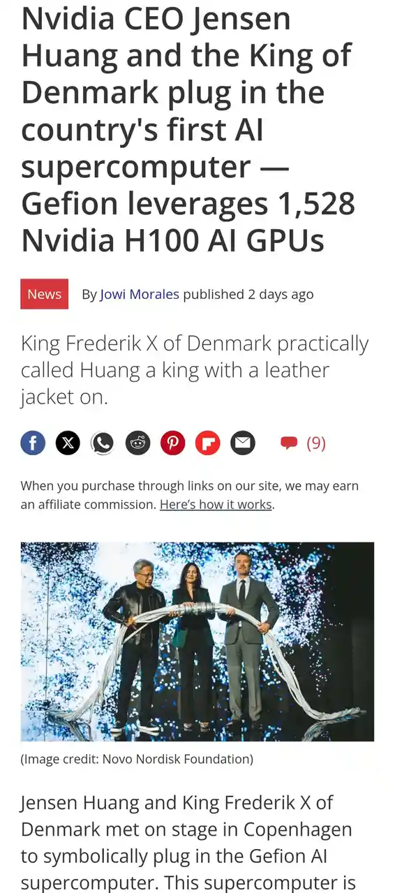 Three people stand on a stage holding a large cable, with a news article headline above them. The text describes Nvidia CEO…