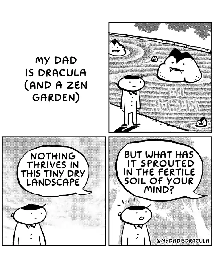 A four-panel comic strip where a son stands before a zen garden made of Dracula-shaped rocks. The father, a large Dracula…