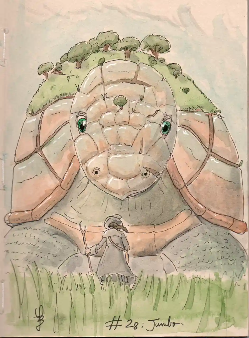 A watercolor illustration depicts a tiny human figure in a grey cloak and hat, holding a staff, standing in tall grass and…