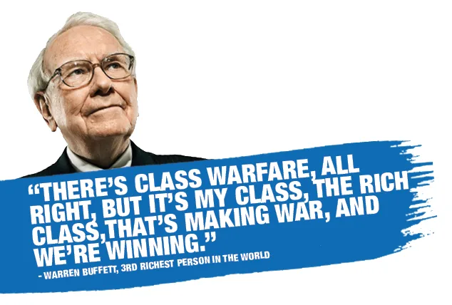 A portrait of Warren Buffett with a blue brushstroke banner across the bottom containing his quote about class warfare and…