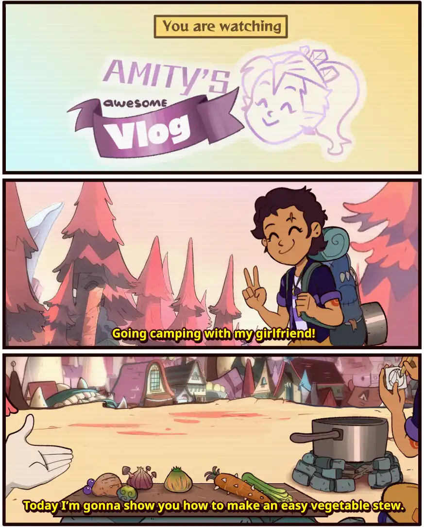 A three-panel comic strip parodying a vlog intro. The top panel shows a title card reading 'You are watching AMITY'S awesome…