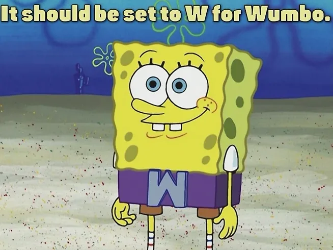 SpongeBob SquarePants stands smiling in his usual setting, wearing his purple shorts with a large letter 'W' on the front…