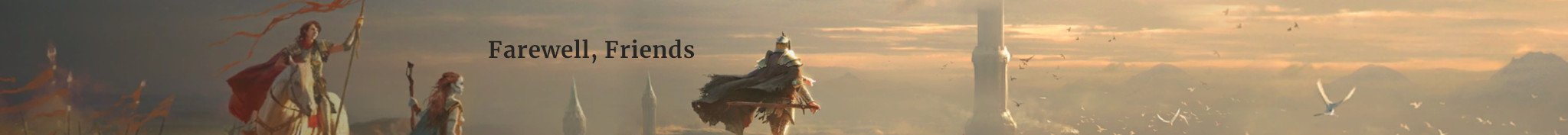 A fantasy artwork depicts several armored warriors and figures standing on a battlefield at sunset, with distant towers and…