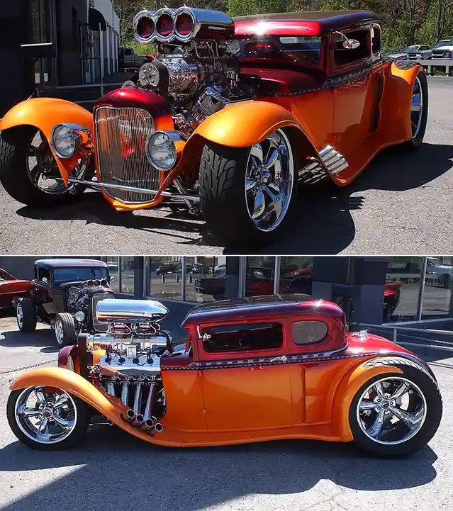 the image displays two photos of a custom hot rod with a vibrant orange and red paint job, chrome wheels, and an exposed…