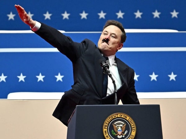 a man resembling elon musk stands at a presidential podium with the seal of the president of the united states, raising his…