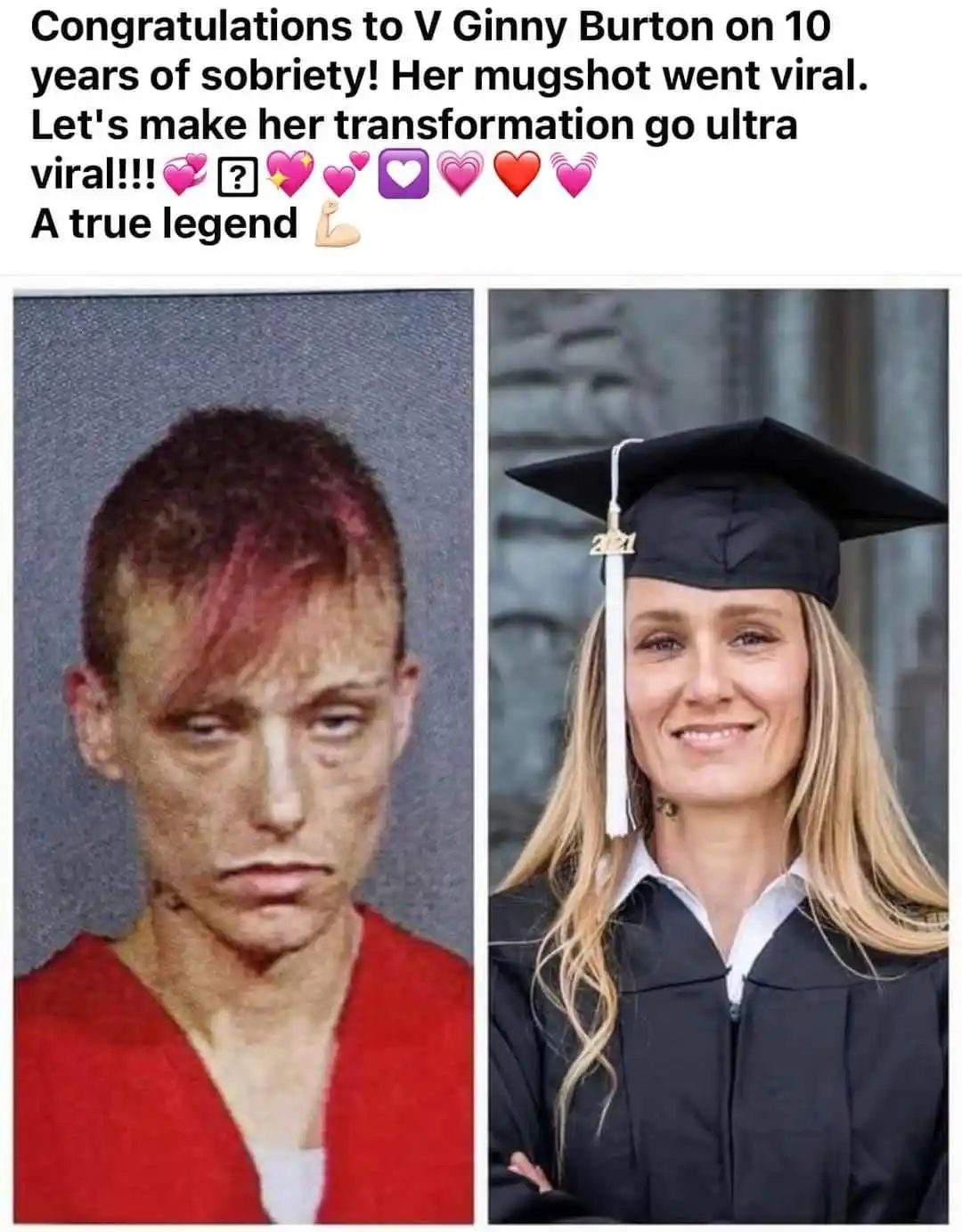 The image displays a side-by-side comparison: on the left, a mugshot of a person with short hair and visible facial marks…