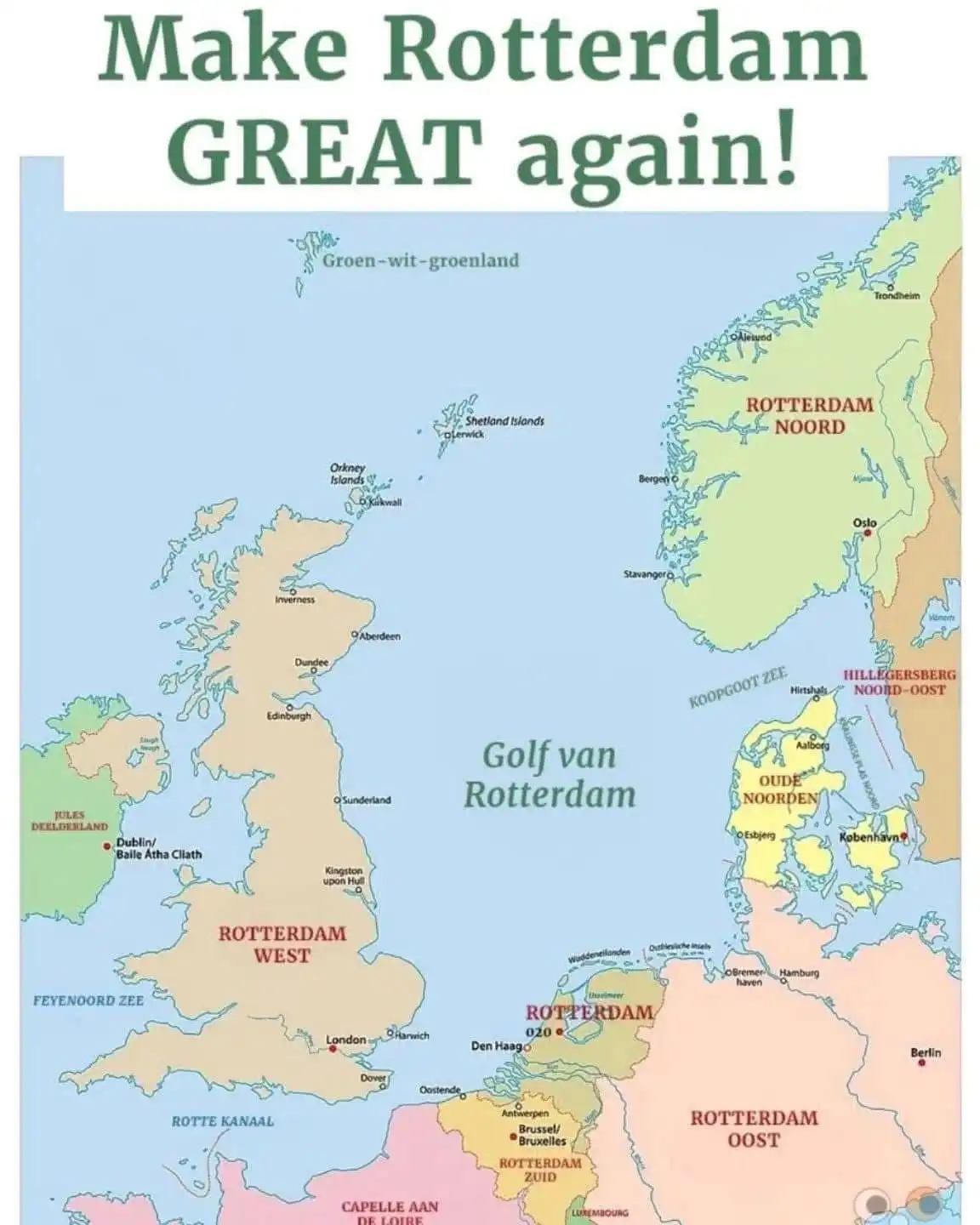 A satirical map humorously re-labels major European cities and regions as parts of a fictional 'Rotterdam' empire, with the…