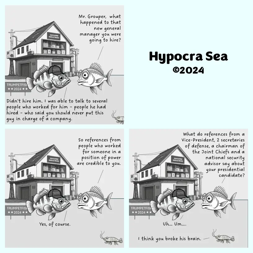 A three-panel comic strip featuring two fish in front of a building labeled 'Grouper Industries'. The first fish, wearing a…