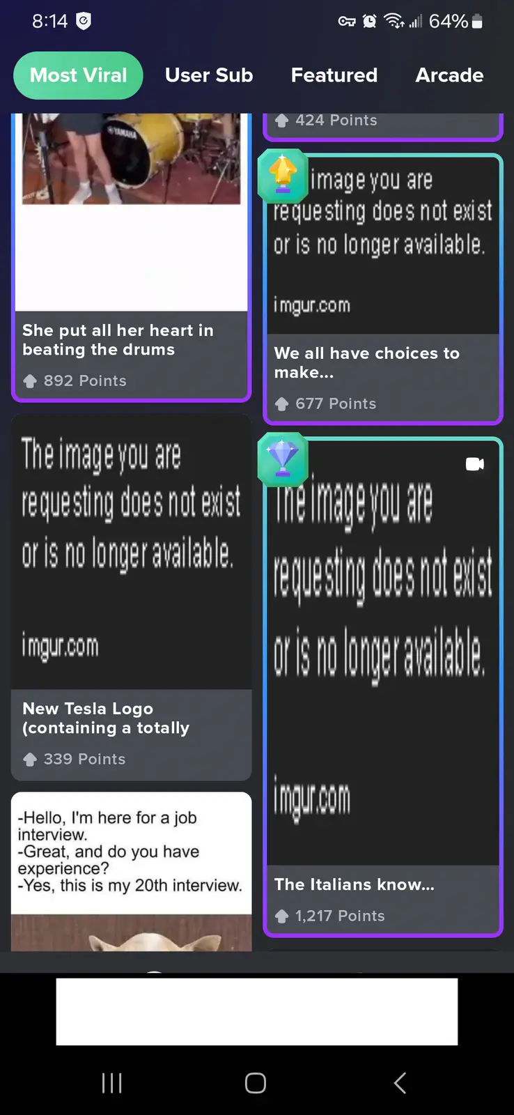 A screenshot of an Imgur mobile app interface showing multiple posts, several of which display the standard 'image not…