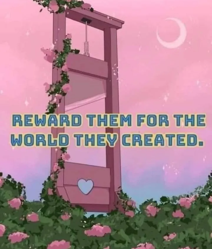 A pink, cartoon-style guillotine stands in a garden of pink roses under a pink sky with a crescent moon. A light blue heart…